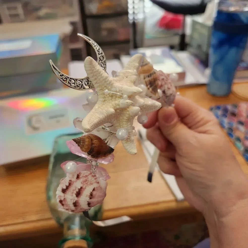 Mermaid Crown Pink & White Crystal Quarts, Shell, & Silver Moon!